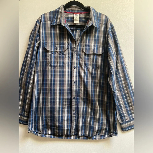 North Face blue grey checker striped button up  long sleeve cotton shirt Sz L - Picture 1 of 7